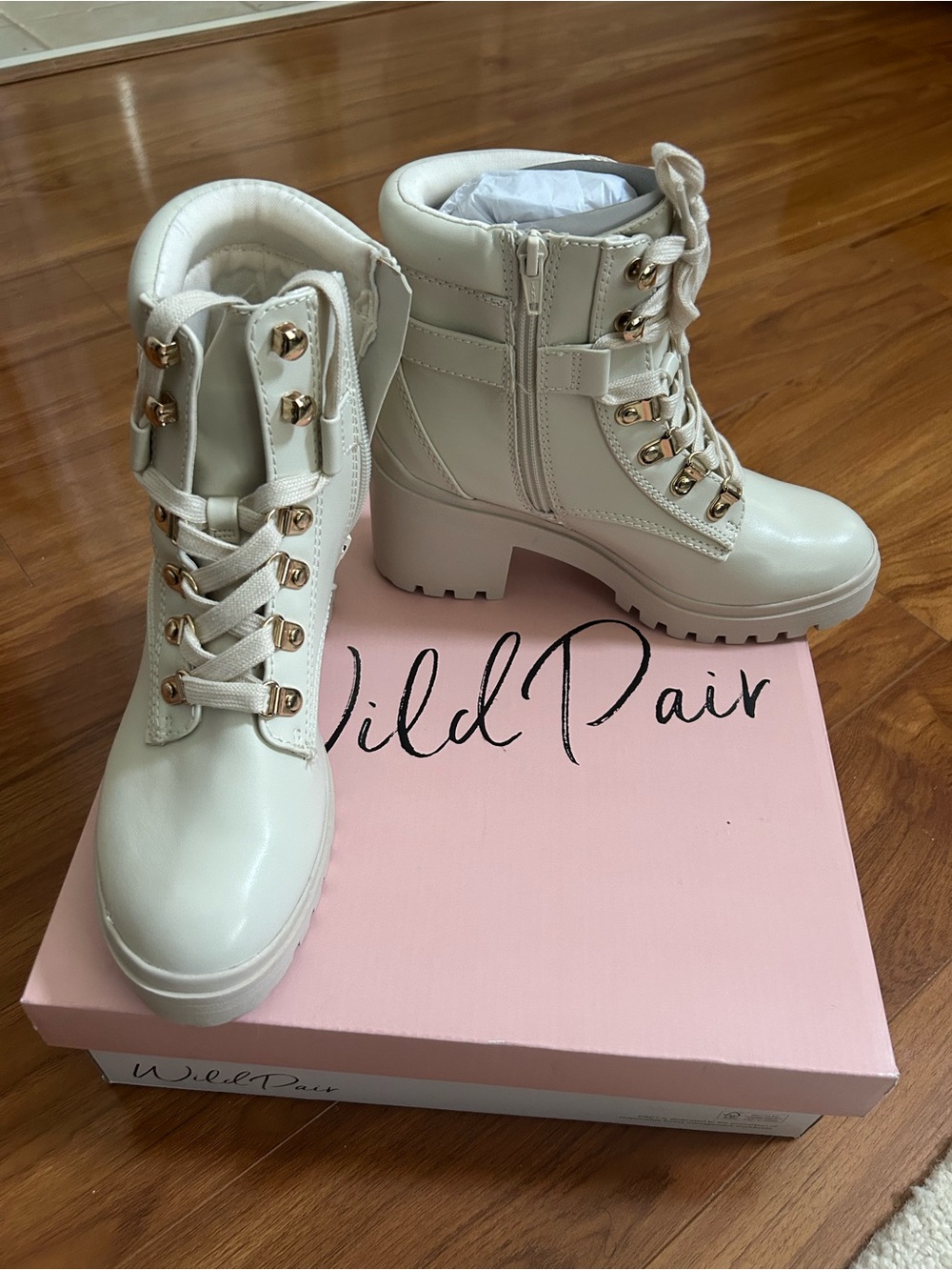 Wild Pair Cream Lace-Up Lug Heel Ankle Boots